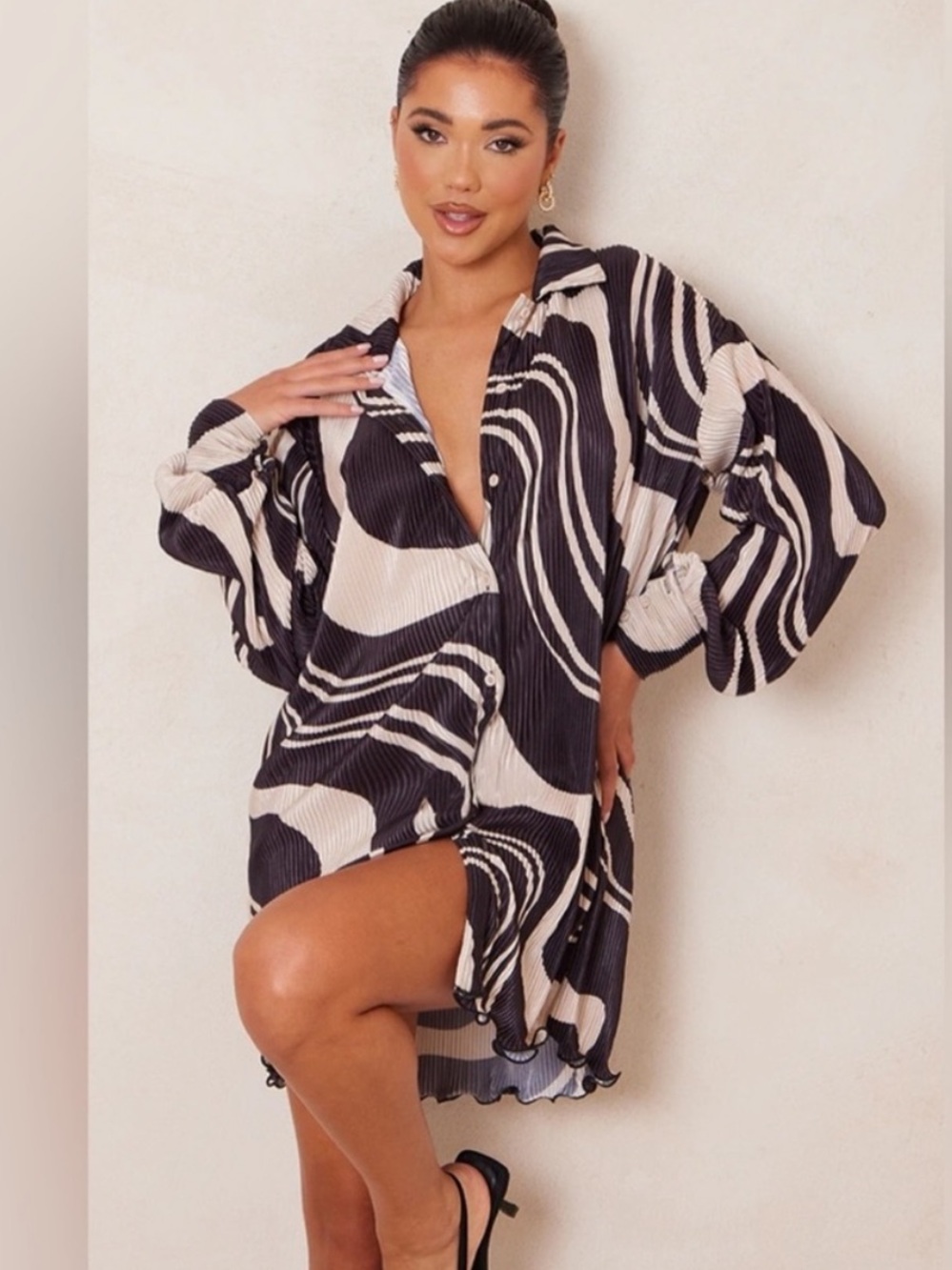 PrettyLittleThing Oversized Button Down Satin Plisse Tunic Dress